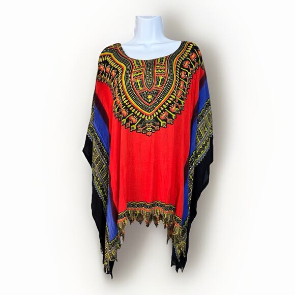 VTG Santé Classics Dashiki Kaftan Tunic Top Multicolor Boho Fringe Hem One Size - Picture 1 of 11